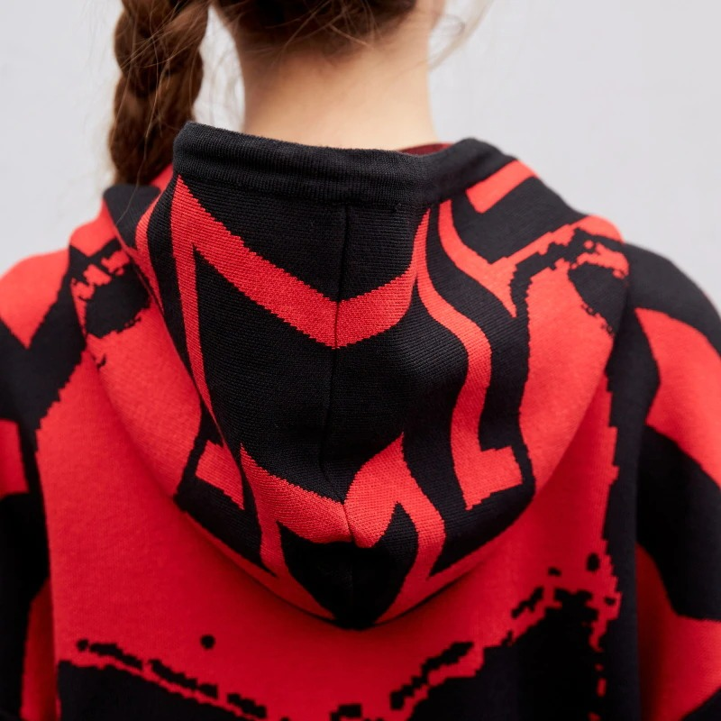 Fashion women's oversized knitting hoodie with skull print in red and black, showcasing the back view and unique design.