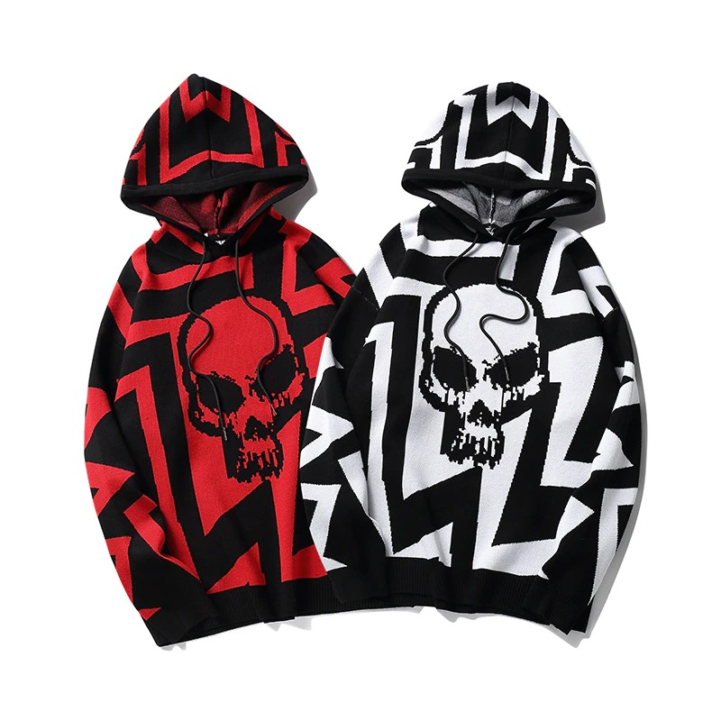 Oversized women's knitting hoodie with vibrant skull print in red and black colors, perfect for casual style.