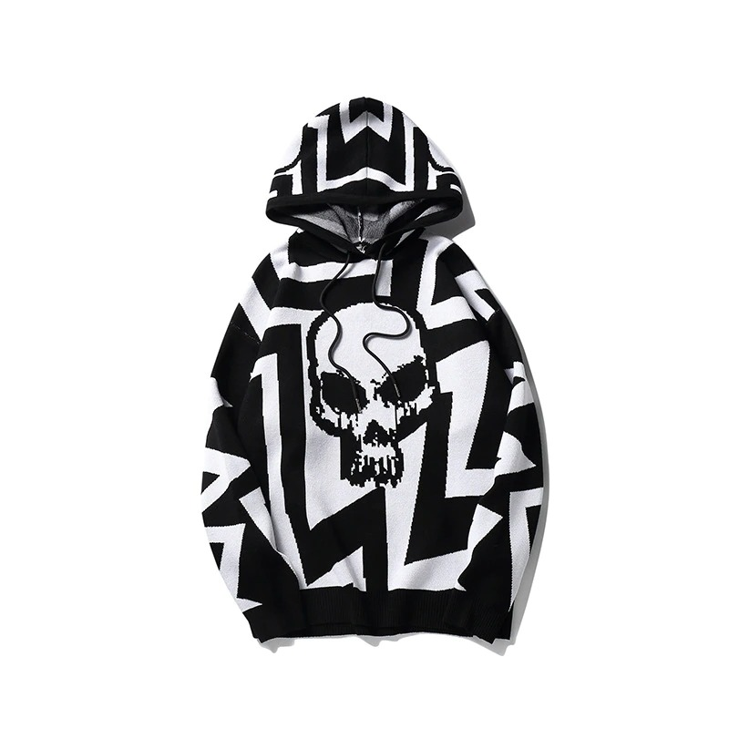 Oversized women's knitting hoodie featuring a bold skull print and modern zigzag design in black and white.