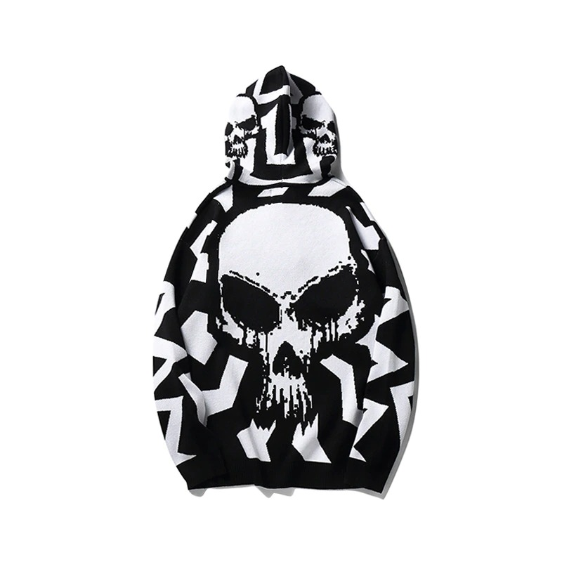 Fashion women's oversized knitting hoody featuring a bold black and white skull print.