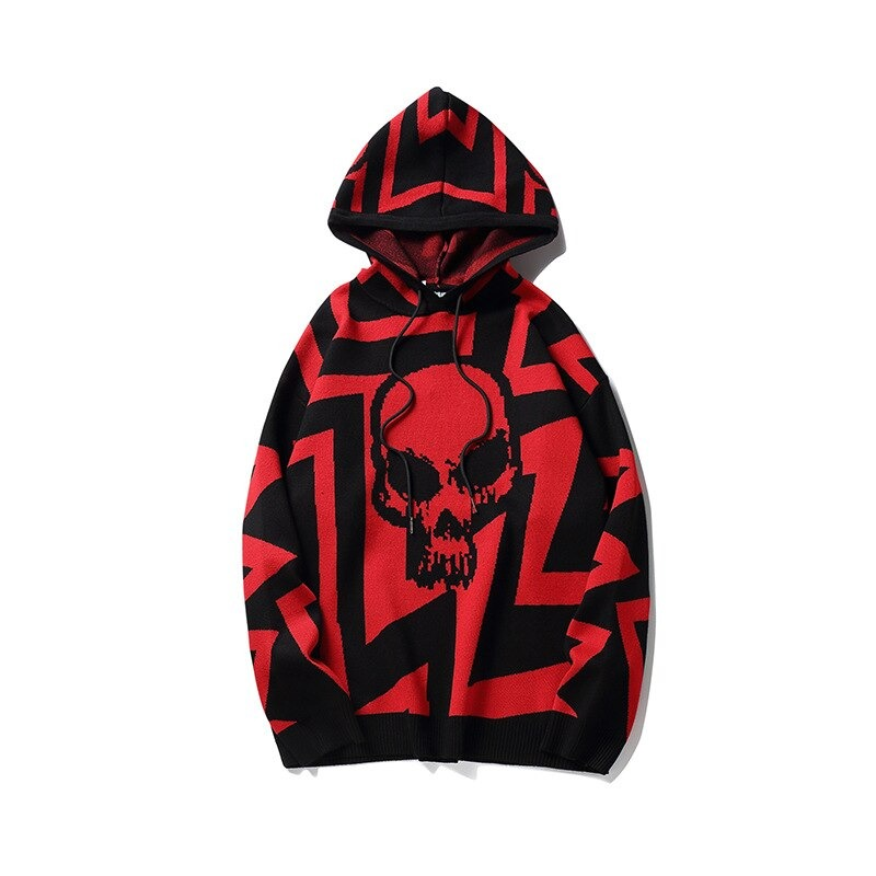 Fashion women's oversized knitting hoodie with eye-catching red skull print and trendy zigzag design.