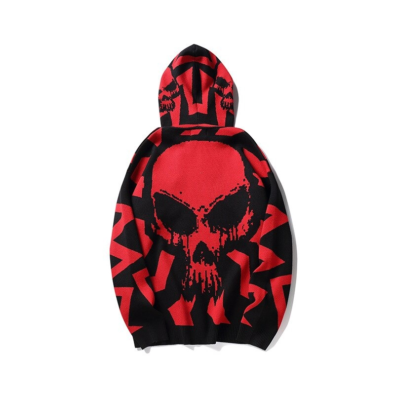 Oversize women's knitting hoodie with bold skull print in red and black, perfect for casual yet stylish looks.