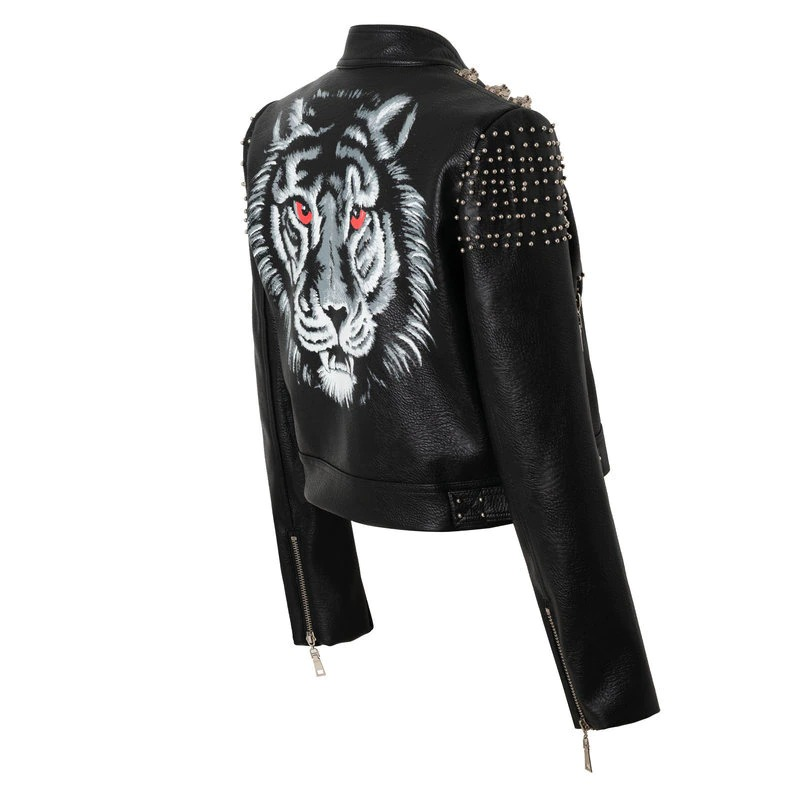 Fashion Women's Leather Jacket 3D with Print of Tiger / Motorcycle Slim Short Outerwear - HARD'N'HEAVY
