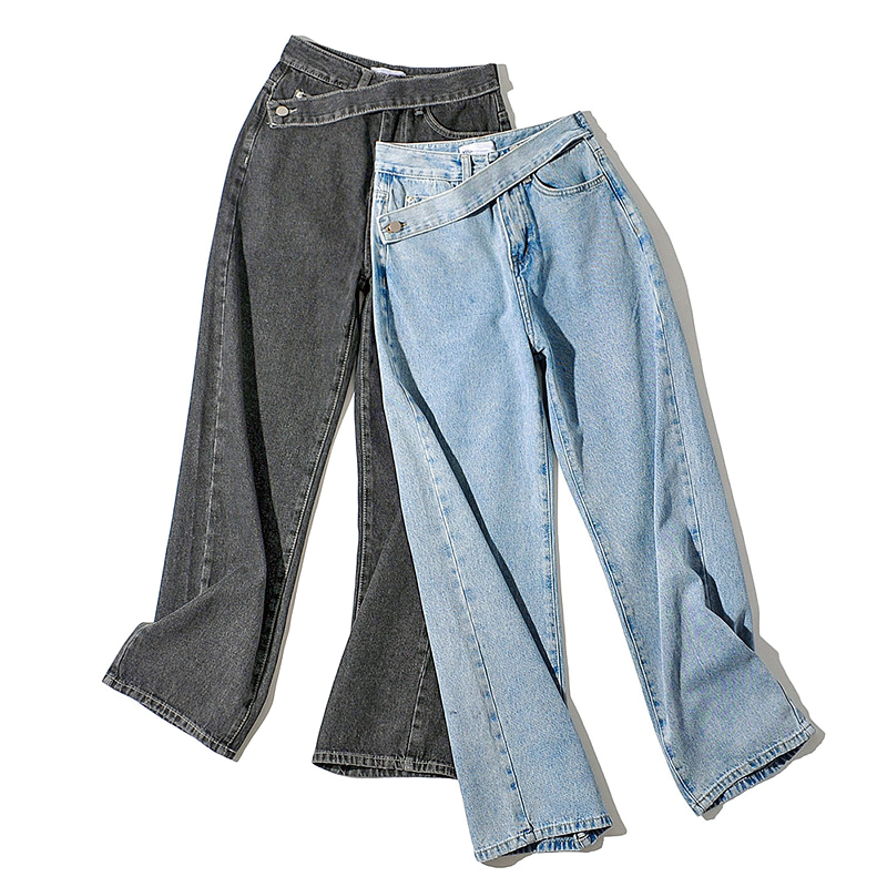 Fashion women's long loose jeans in black and blue, featuring belt pockets and a trendy high waist fit.