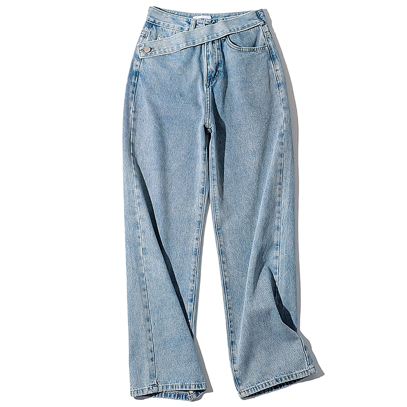 Fashionable women's long loose jeans with belt pockets, high waist, and soft denim for comfortable trendy style.