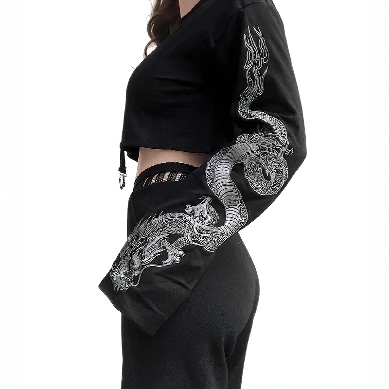 Fashion Women's Loose Flare Sleeve Pullover with Dragon Print / Casual Comfy Short Tops - HARD'N'HEAVY