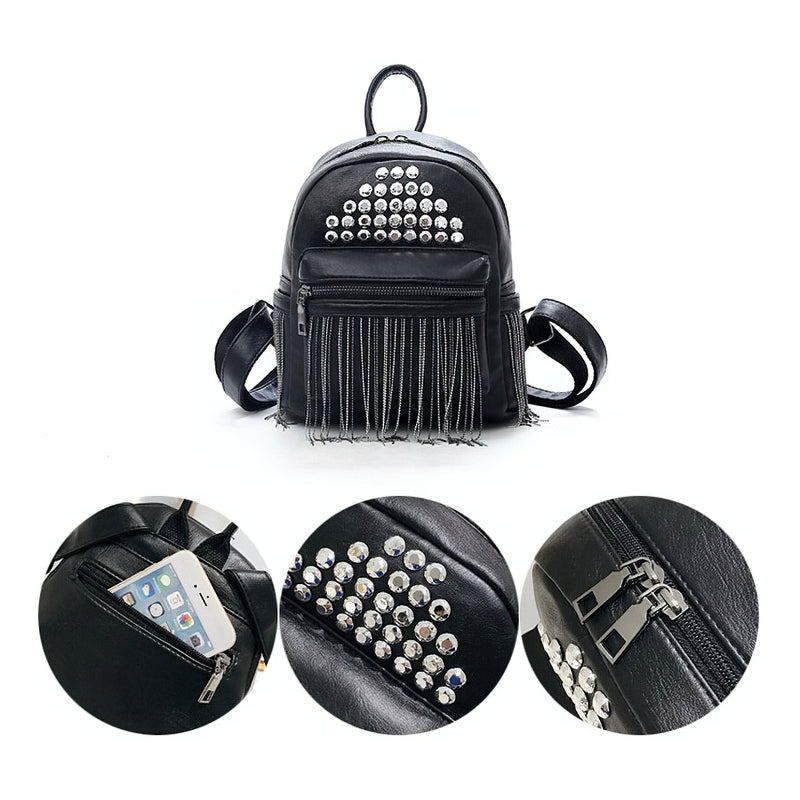 Trendy women's mini black leather backpack with rivets and fringes, featuring zip pockets and comfortable straps.