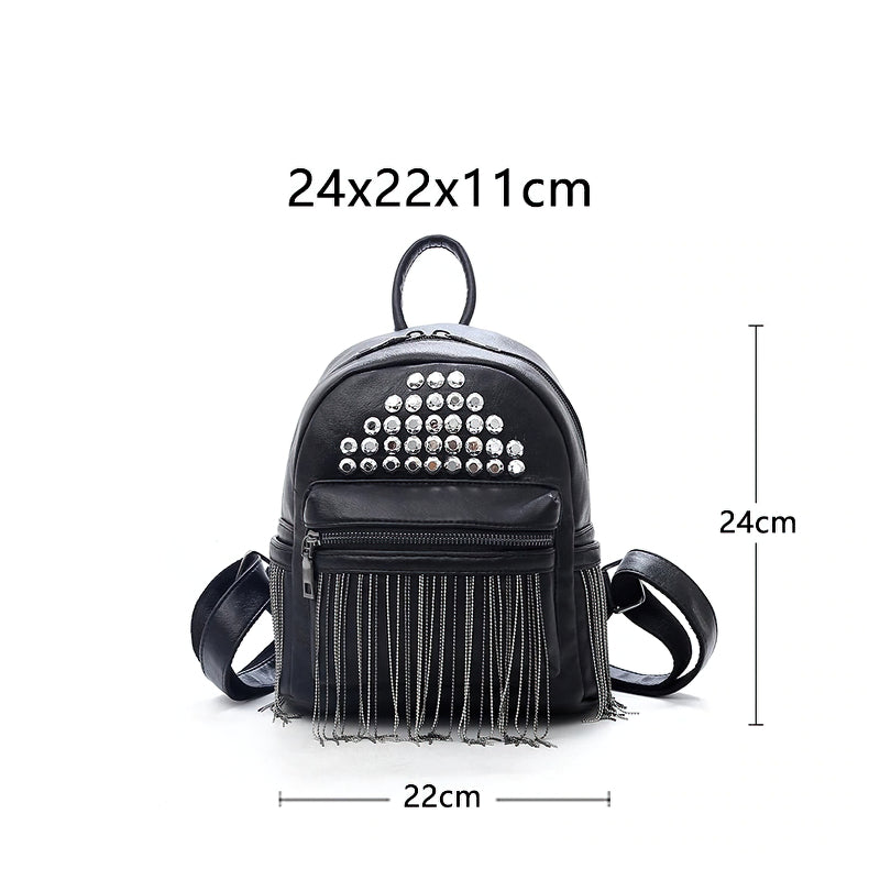 Stylish mini black backpack with rivets and fringe, perfect for casual outings, dimensions 24x22x11cm.