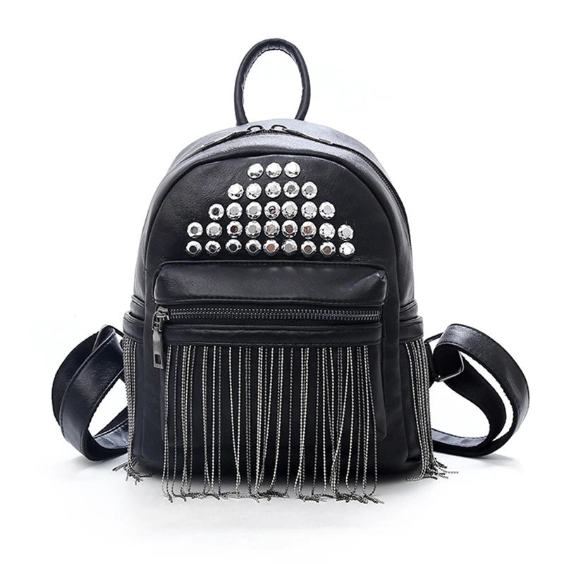Black mini backpack with rivet decorations and fringe, stylish women's casual bag perfect for everyday use.
