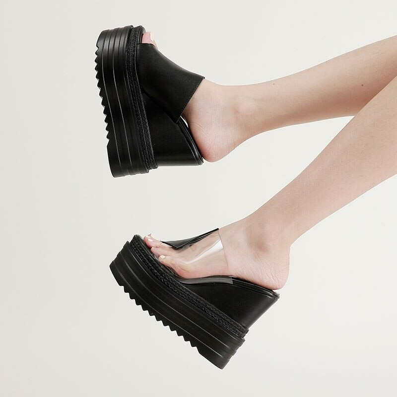 Fashion Women's Peep Toe PU Leather Sandals / Transparent High Platform Slippers for Girls - HARD'N'HEAVY