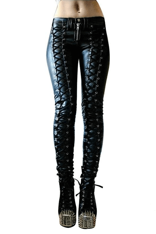 Fashion Women's Pleated PU Leather Trousers / Ladies Skinny Zipper Lace-up Pants