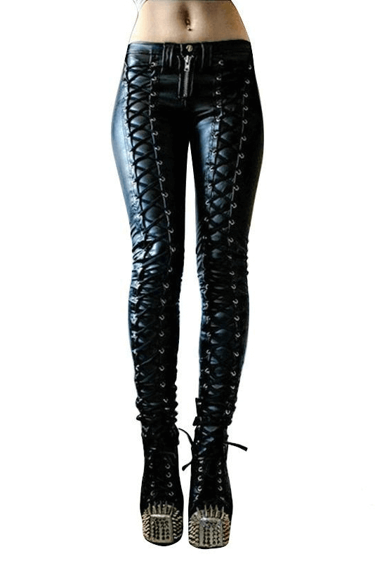 Women's pleated PU leather trousers with lace-up detail, ankle-length skinny pants for trendy outfits.
