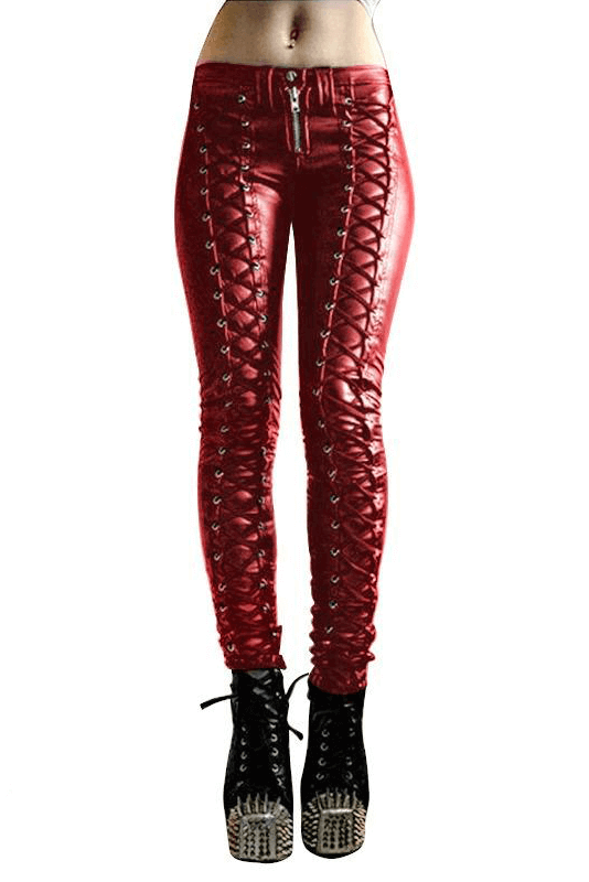 Fashion Women's Pleated PU Leather Trousers / Ladies Skinny Zipper Lace-up Pants