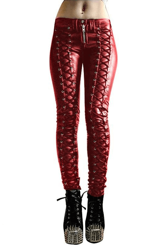 Trendy women's pleated PU leather trousers with zipper and lace-up details, perfect for a stylish look.