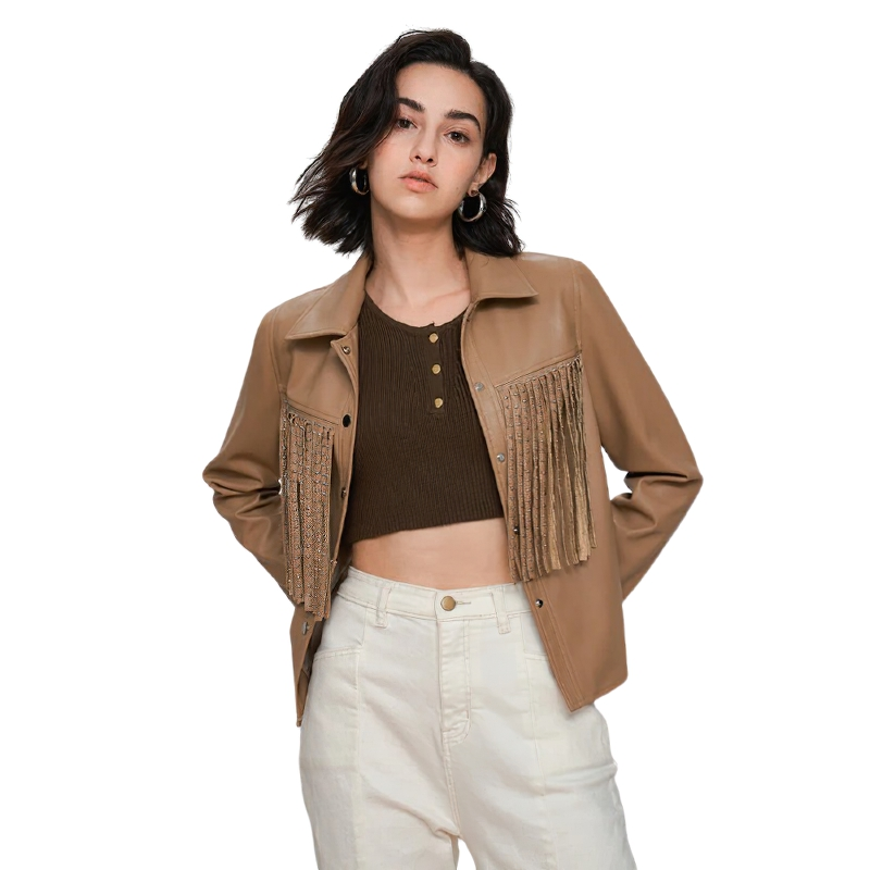 Fashionable women's PU leather biker jacket with fringe and silver rivets, styled for a punk rock look.