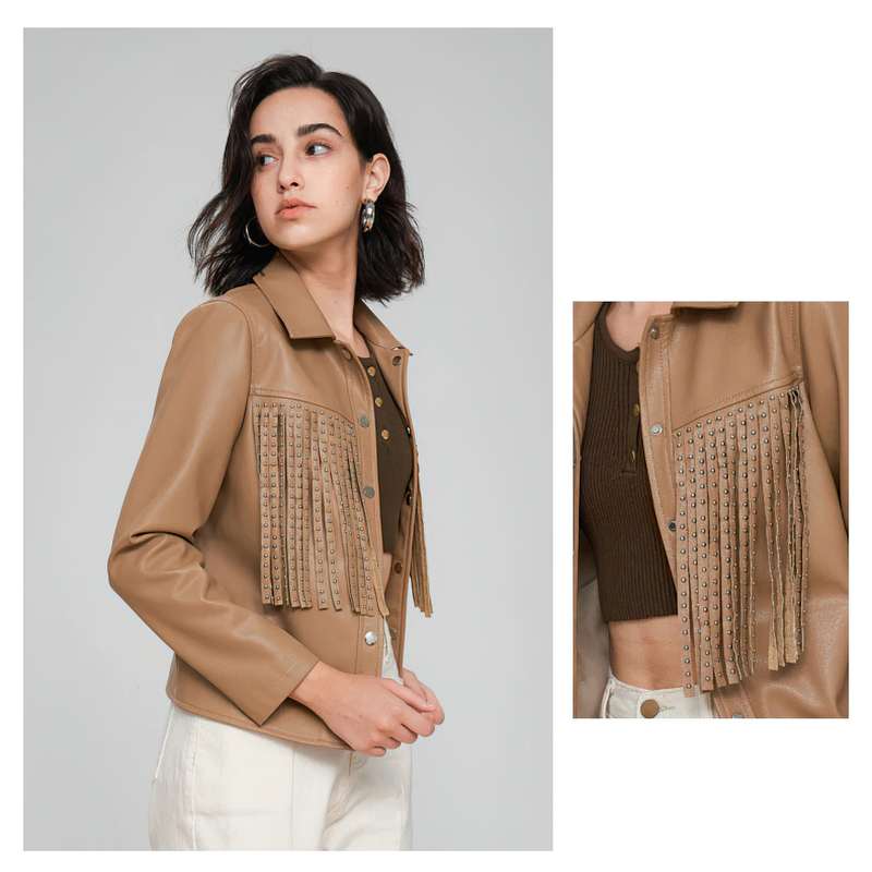 Stylish women's PU leather jacket with fringe and silver rivets, perfect for punk rock and biker fashion.