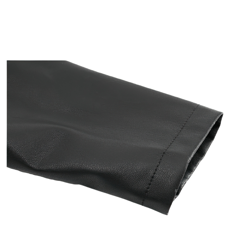 Close-up of the sleeve of a women's black PU leather biker jacket showcasing its stylish design and texture.
