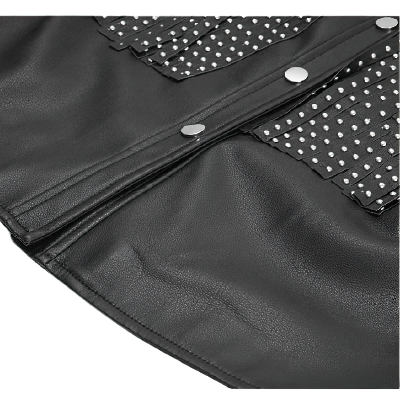 Close-up of a black PU leather jacket with fringe and silver rivets, showcasing its punk rock style.