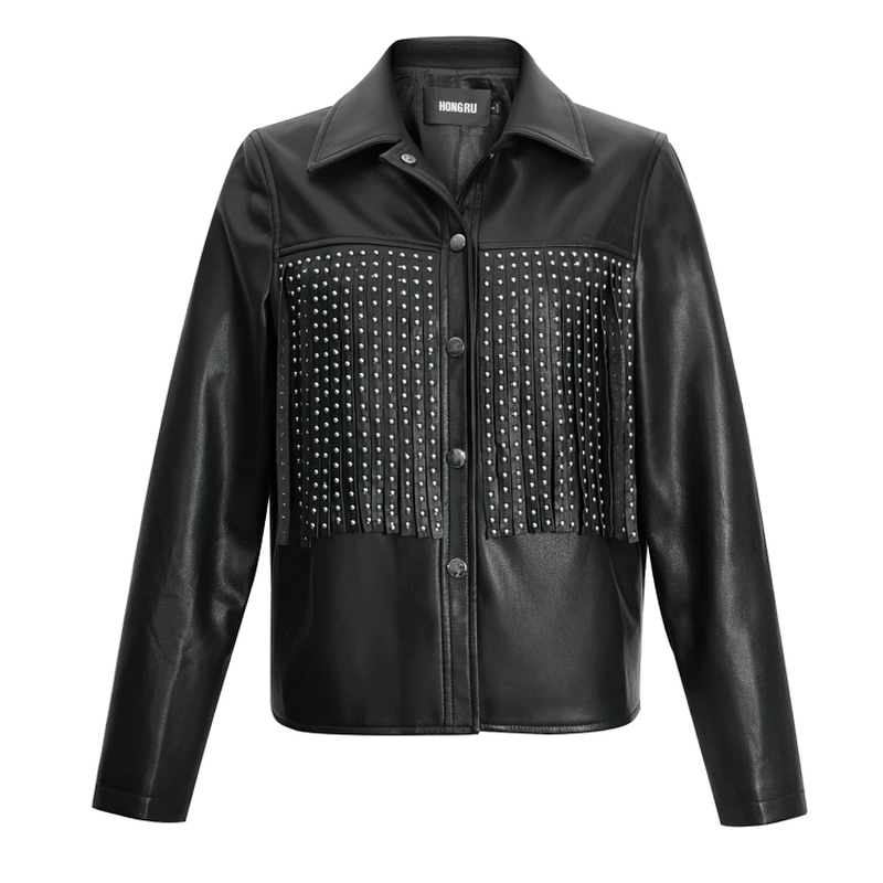 Women's black PU leather jacket with fringe and silver rivets, perfect for punk rock style and biker fashion.