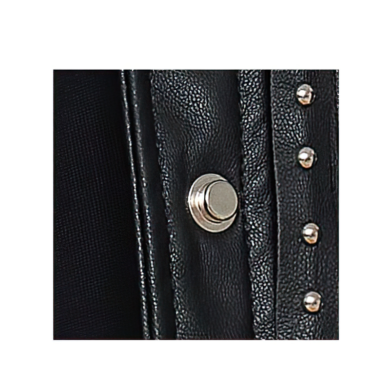 Close-up of a stylish black PU leather jacket featuring a silver snap button and rivet detailing, perfect for punk rock fashion.