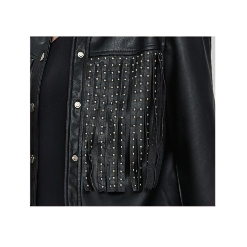 Close-up of women's black PU leather jacket showing fringe detail and silver rivets, perfect for punk rock style.