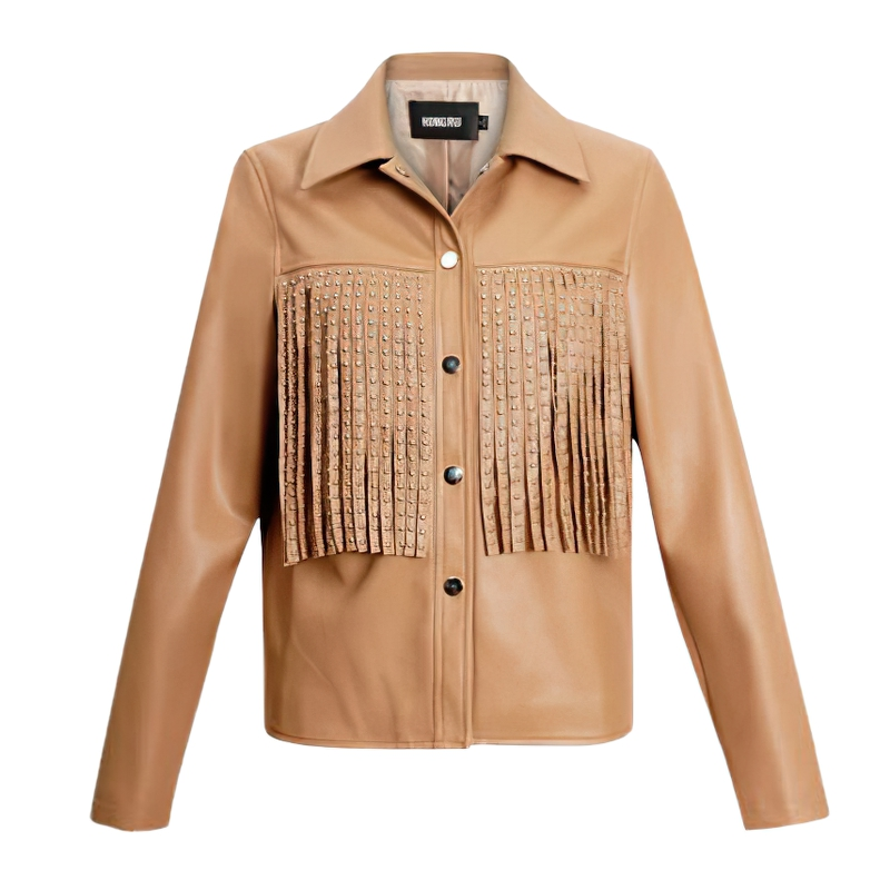 Stylish women's PU leather jacket with fringe and silver rivets in a warm tan color, perfect for punk rock fashion.