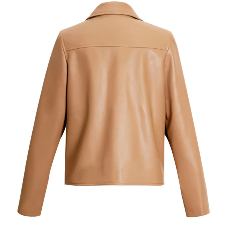 Back view of women's PU leather jacket in light brown, showcasing sleek biker style and modern design.