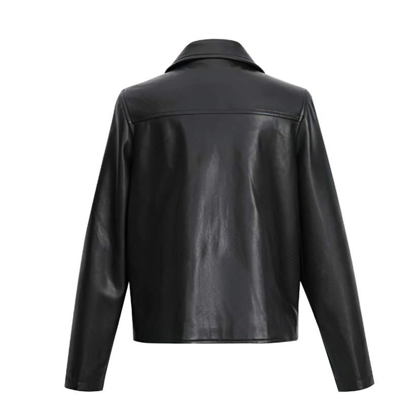 Back view of women's punk rock style black PU leather jacket, featuring a stylish collar and sleek design.
