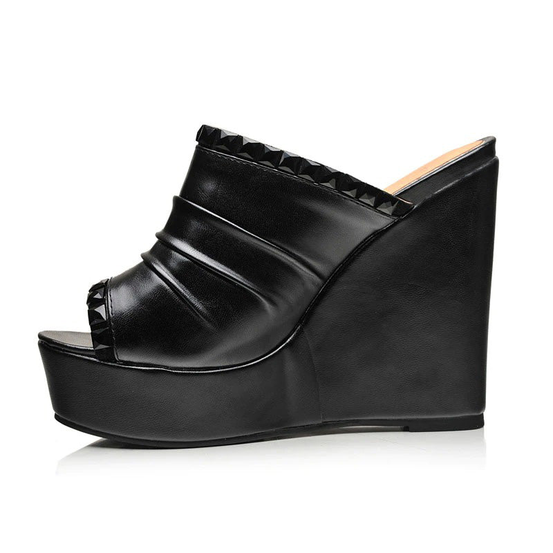 Black PU leather wedge sandals with open toe and stylish design, perfect for summer fashion.