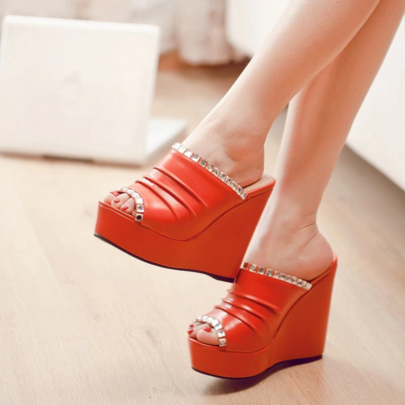 Open toe red platform sandals with crystals, perfect summer fashion footwear for women.