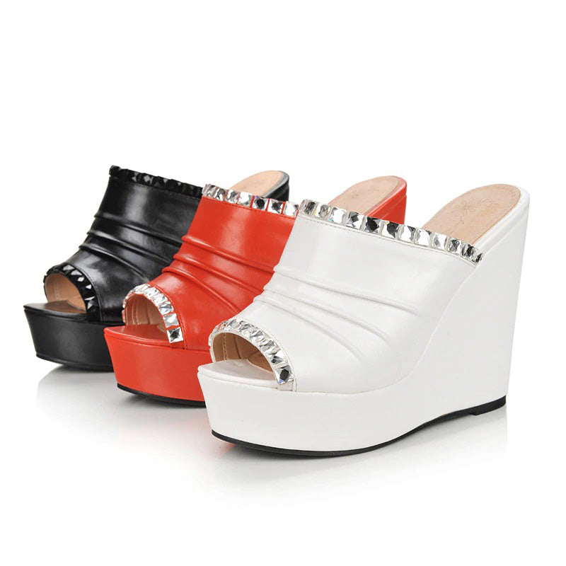 Fashion women's PU leather sandals in black, orange, and white with open toe design and crystal details for summer style.