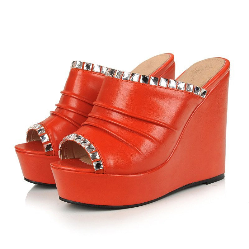 Orange PU leather open toe wedge sandals with crystal details for women, perfect for summer fashion.