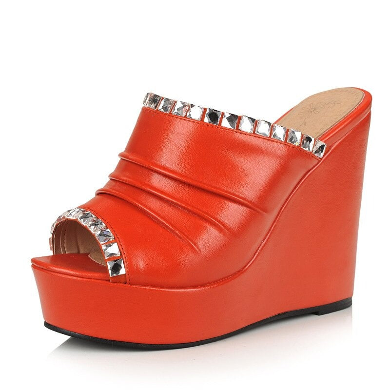 Stylish orange open-toe platform sandals with crystal accents for women, perfect for summer fashion.