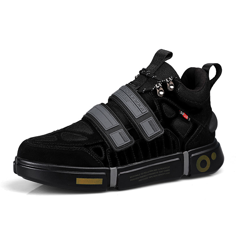 Fashionable black platform sneakers with bold straps and modern design, perfect for trendy casual outfits.