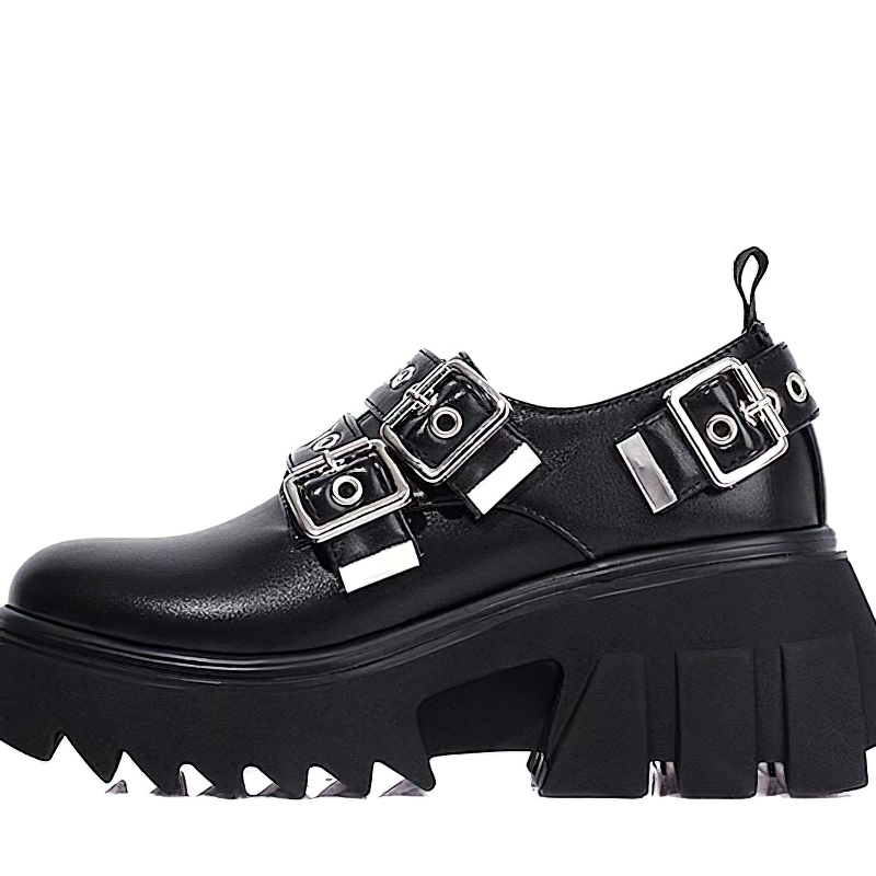 Stylish women's black loafers with metal buckles and chunky soles, perfect for alternative fashion.