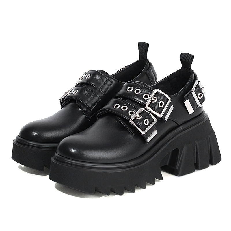 Stylish black PU leather loafers with metal buckles and chunky soles for alternative fashion.