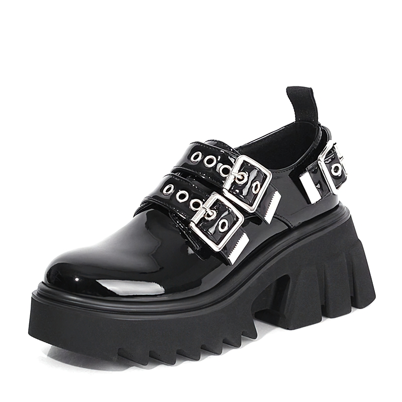 Trendy women's black PU leather loafers with metal buckles and chunky sole for alternative gothic style.