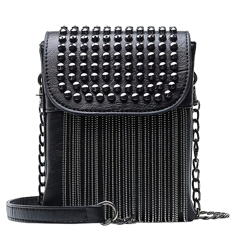 Trendy women's shoulder bag with decorative chain, fringe, and studded design in chic black.