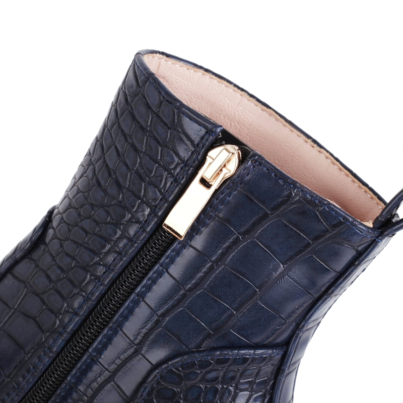 Close-up of navy crocodile print leather shoe with gold zipper detailing, perfect for trendy women's high heel fashion.