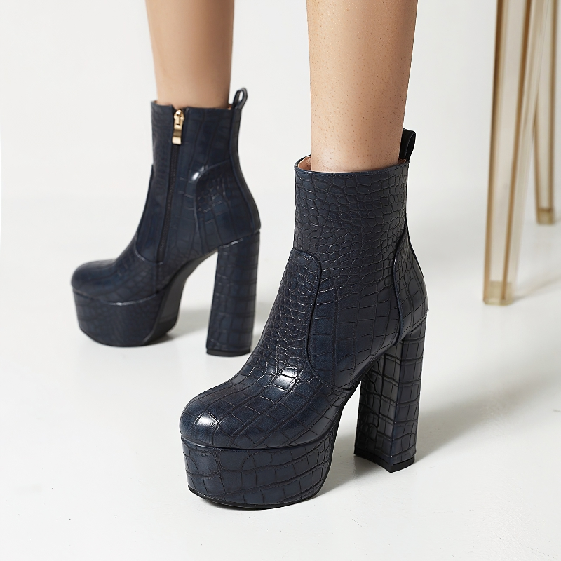 Trendy women's square high heel shoes with crocodile print in navy, perfect for elevating any outfit.