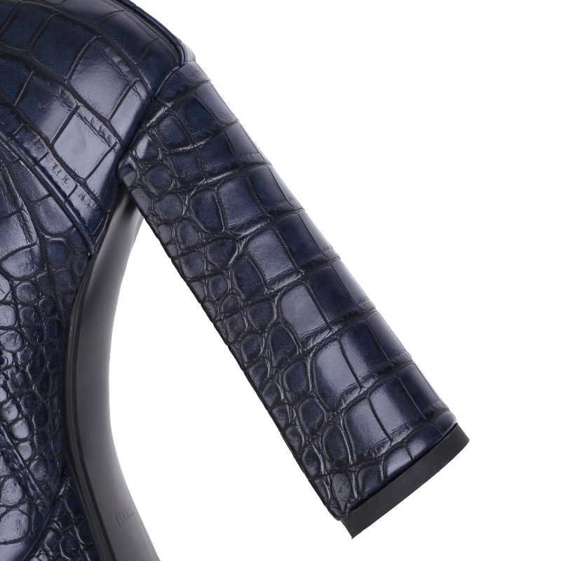 Elegant women's square high heel shoe in dark blue crocodile print, perfect for trendy and stylish looks.