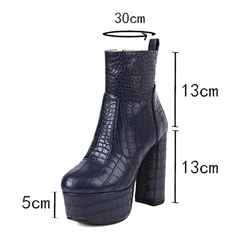 Trendy women's square high heel shoes in crocodile print, measuring 30cm height and 13cm heel, stylish and modern.