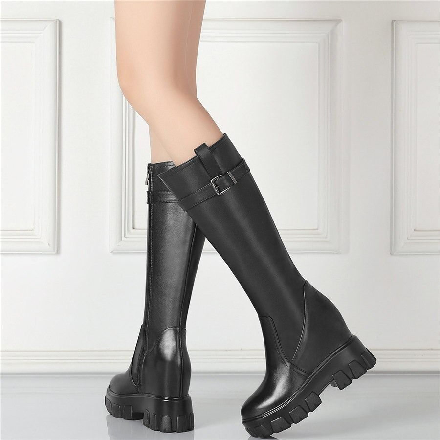 Fashion Women's Thick Bottom Boots / Knee High Genuine Leather Shoes with Round Toe - HARD'N'HEAVY