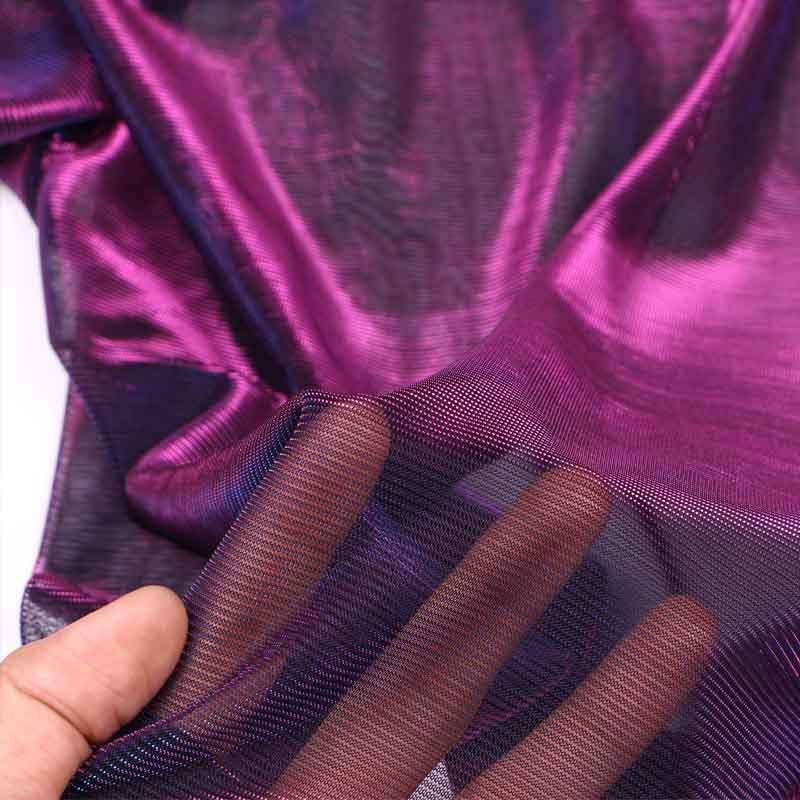 Close-up of women's transparent fabric with a stylish purple sheen, perfect for trendy t-shirts.
