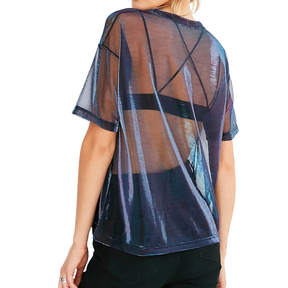 Back view of a women's transparent short sleeve T-shirt in stylish casual wear for modern fashion lovers.