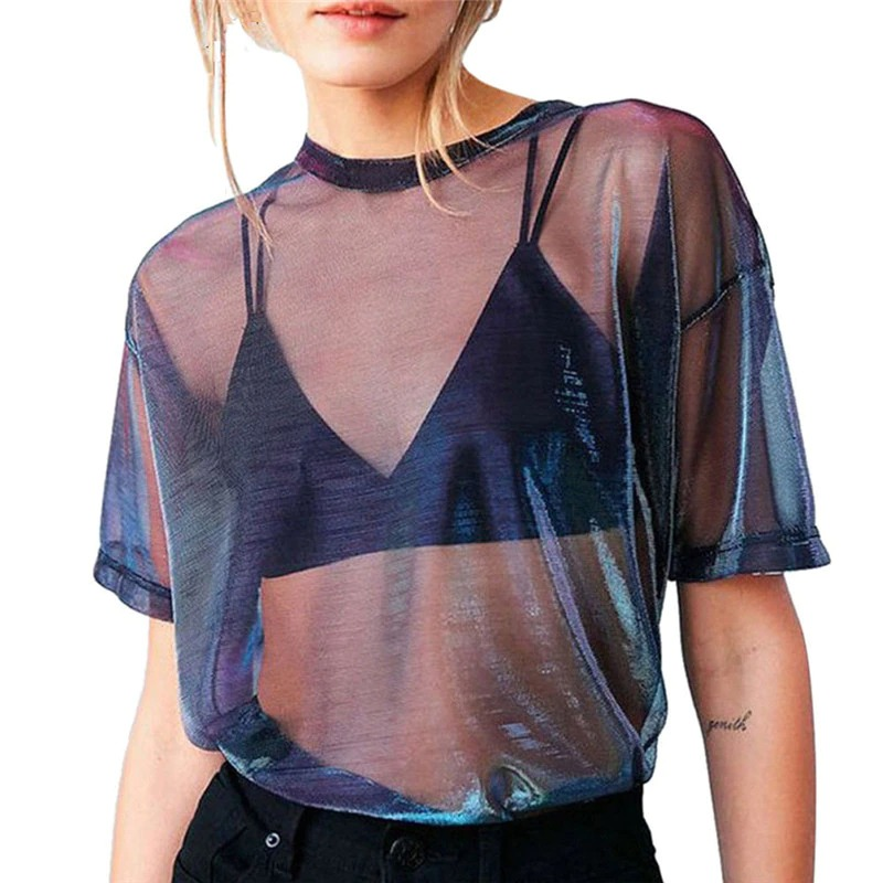 Trendy women's transparent short sleeve t-shirt in casual style, perfect for layering and summer looks.