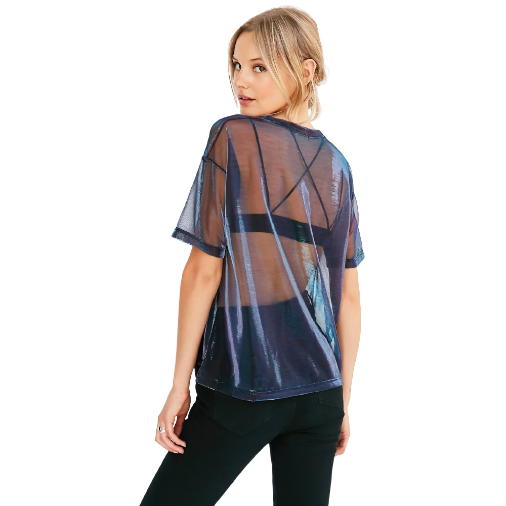 Stylish women's transparent short sleeve t-shirt, perfect for casual wear, showcasing a trendy look from the back.