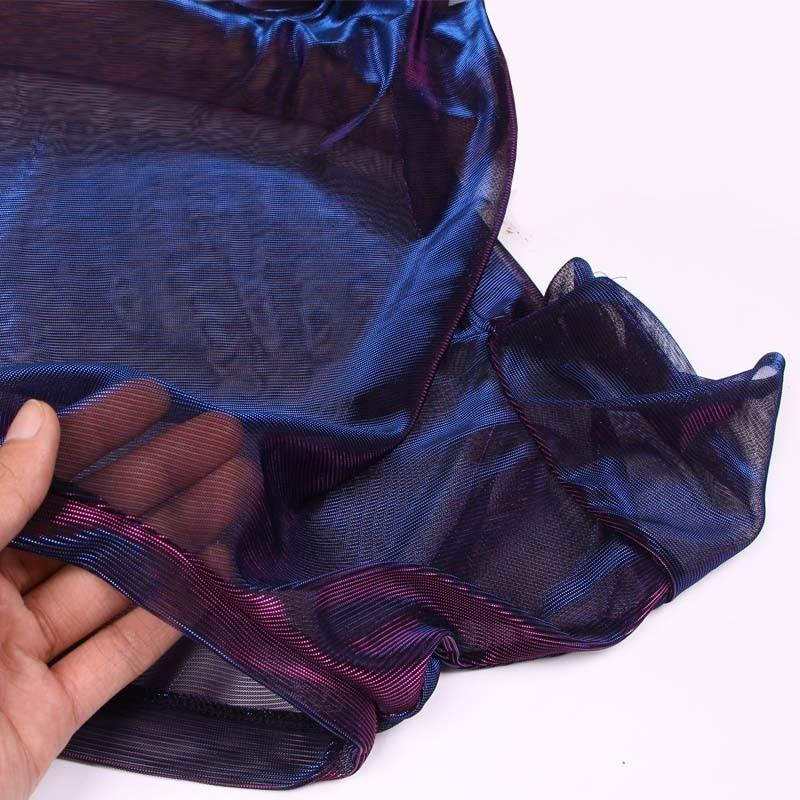 Transparent fabric of a women's short sleeve t-shirt in dark purple, highlighting its casual and stylish design.