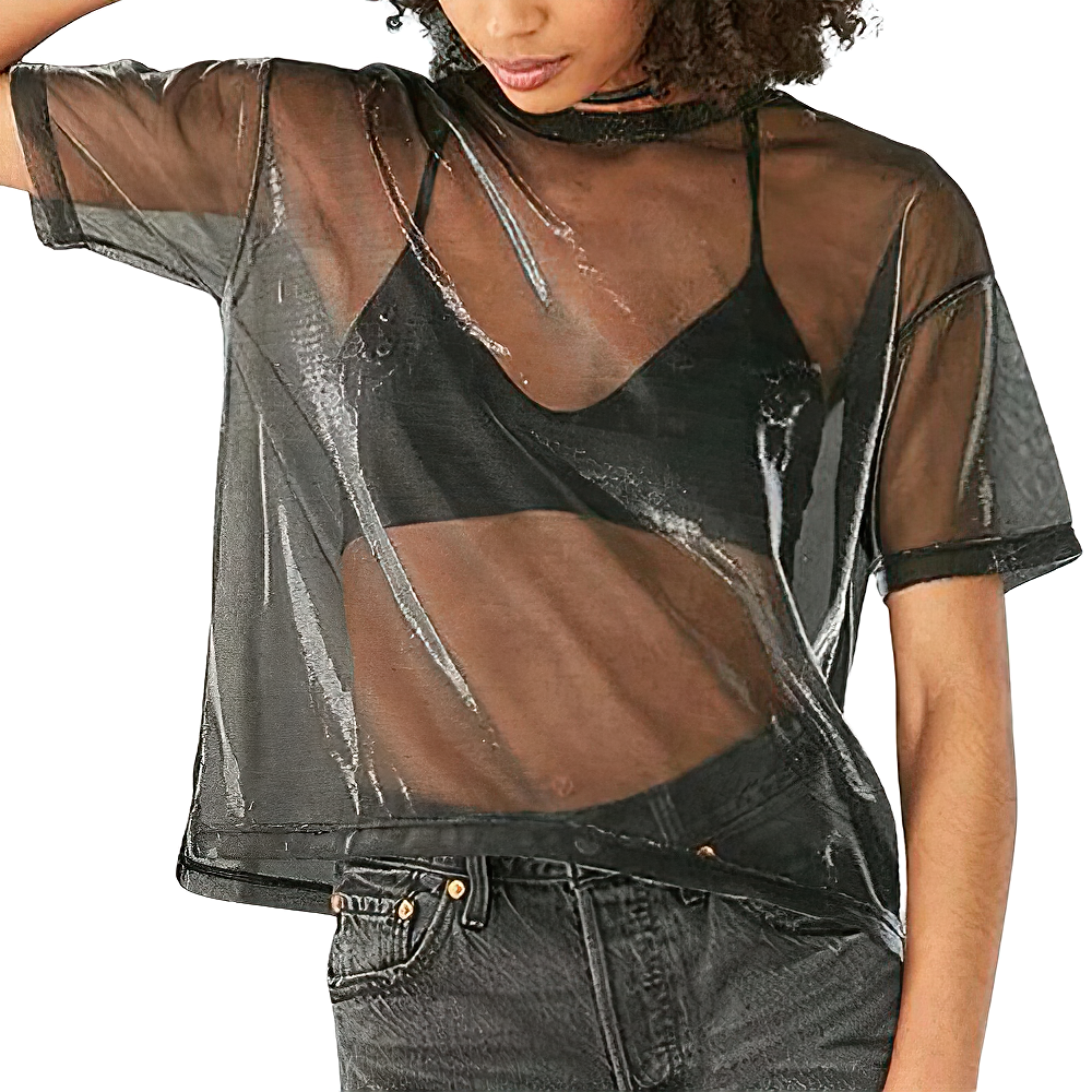 Trendy women's transparent short sleeve t-shirt, perfect for casual outfits and stylish layering. Available in black.