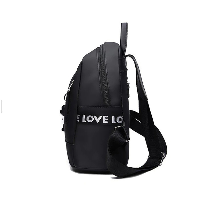 Stylish women's black PU leather backpack with side view, featuring multiple pockets for casual travel.